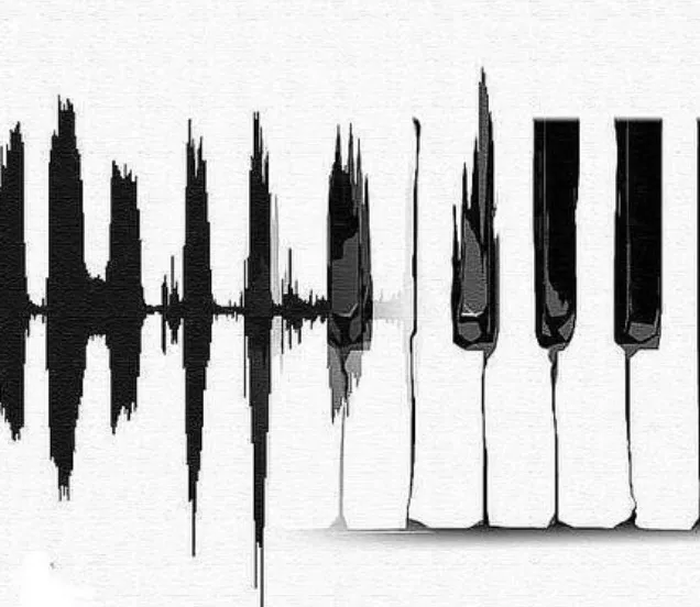 Image artistique qui combine ondes sonores et touches d'un piano