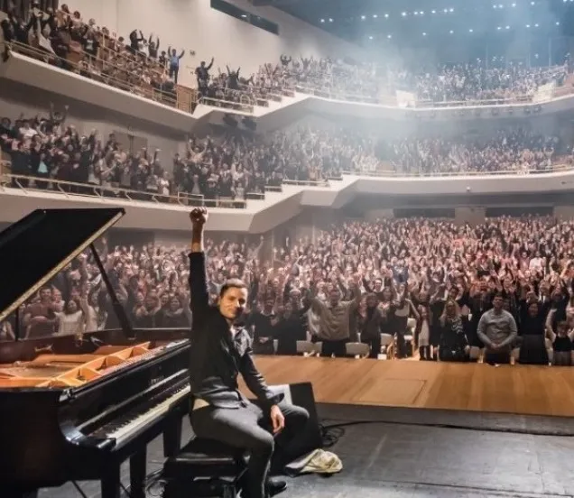 Peter Bence in actie op een Steinway vleugelpiano (Piano's Maene)